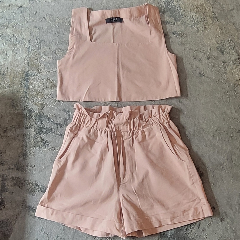 Pink Sleeveless Silk/Linen Crop Tank Set